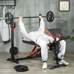 Banco de Musculación Multifuncional con Respaldo Reclinable y Soporte de Barras Altura Ajustable 180x110x126 cm ... - Ogal.Es