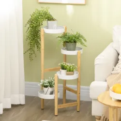 Soporte para Plantas con Patas de Bambú y 4 Estantes Metálicos Redondos Carga 20 kg Ø28x80 cm Natural y Blanco - Ogal.Es