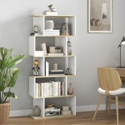 Estantería Estilo Nórdico Librería con 5 Estantes Antivuelco Carga 25 kg 70x29,5x163 cm Roble y Blanco - Ogal.Es