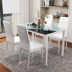 Conjunto de Comedor de Mesa y 4 Sillas 5 Piezas Mesa Rectangular de Vidrio Templado y Sillas Tapizadas en PU Blanco - Ogal.Es
