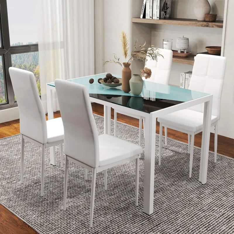 Conjunto de Comedor de Mesa y 4 Sillas 5 Piezas Mesa Rectangular de Vidrio Templado y Sillas Tapizadas en PU Blanco - Ogal.Es