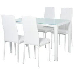 Conjunto de Comedor de Mesa y 4 Sillas 5 Piezas Mesa Rectangular de Vidrio Templado y Sillas Tapizadas en PU Blanco - Ogal.Es
