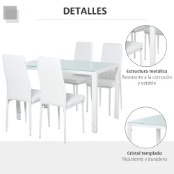 Conjunto de Comedor de Mesa y 4 Sillas 5 Piezas Mesa Rectangular de Vidrio Templado y Sillas Tapizadas en PU Blanco - Ogal.Es
