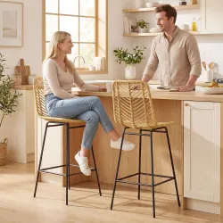 Taburetes Altos de Cocina Juego de 2 con Asiento de Ratán Sintético Taburetes de Bar con Patas de Acero 42,5x52x... - Ogal.Es