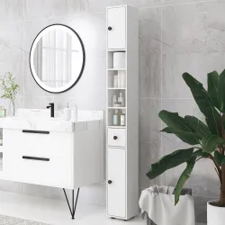 Mueble Auxiliar Baño Moderno con 1 Cajón 5 Estantes y 2 Armarios para Salón Dormitorio Carga 30 kg 20x20x180 cm ... - Ogal.Es
