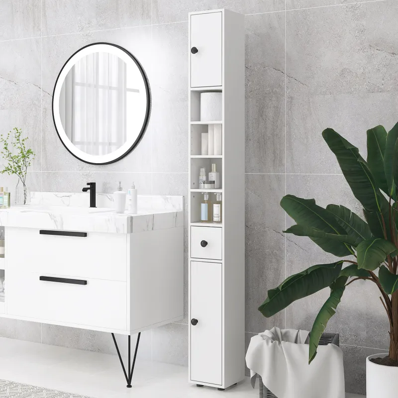 Mueble Auxiliar Baño Moderno con 1 Cajón 5 Estantes y 2 Armarios para Salón Dormitorio Carga 30 kg 20x20x180 cm ... - Ogal.Es