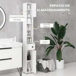Mueble Auxiliar Baño Moderno con 1 Cajón 5 Estantes y 2 Armarios para Salón Dormitorio Carga 30 kg 20x20x180 cm ... - Ogal.Es