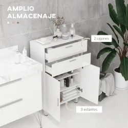 Mueble Auxiliar Baño Moderno con 2 Cajones Armario y Estantes Ajustables Antivuelco Carga 35 kg 60x30x93 cm Blanco - Ogal.Es