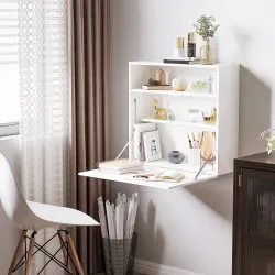 Escritorio Plegable de Pared Moderno Mesa Flotante Multifuncional con Estantes de Almacenamiento 64x20x60 cm Blanco - Ogal.Es
