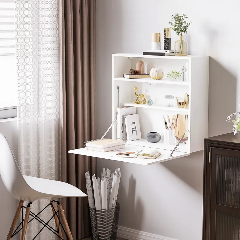 Escritorio Plegable de Pared Moderno Mesa Flotante Multifuncional con Estantes de Almacenamiento 64x20x60 cm Blanco - Ogal.Es