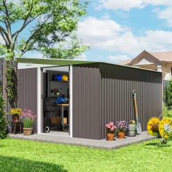 Cobertizo de Jardín 280x345x201 cm 8,9 m² para Almacenamiento de Herramientas con Puerta y 2 Ventanas Gris - Ogal.Es