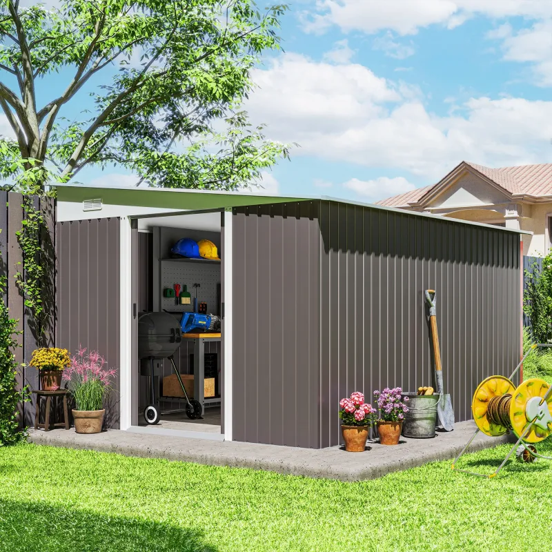 Cobertizo de Jardín 280x345x201 cm 8,9 m² para Almacenamiento de Herramientas con Puerta y 2 Ventanas Gris - Ogal.Es