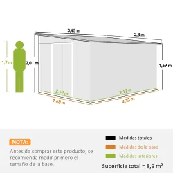 Cobertizo de Jardín 280x345x201 cm 8,9 m² para Almacenamiento de Herramientas con Puerta y 2 Ventanas Gris - Ogal.Es