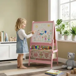 Caballete Infantil 3 en 1 Caballete para Niños de Doble Cara con Rollo de Papel Pizarras y 2 Cestas 54x46,5x93 c... - Ogal.Es