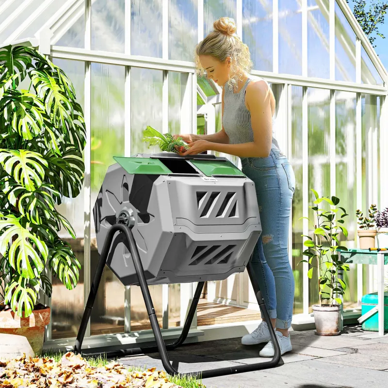 Compostador de Tambor Giratorio con Capacidad 160 Litros de Doble Cámara y Ventilación Marco de Acero 71x65x96cm... - Ogal.Es