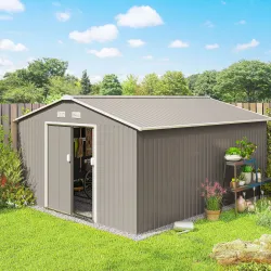 Cobertizo de Jardín 12,4 m² 340x386x200 cm con 2 Puertas Corredizas Base Refuerzo (Suelo NO Incluido) Gris Claro - Ogal.Es