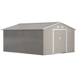 Cobertizo de Jardín 12,4 m² 340x386x200 cm con 2 Puertas Corredizas Base Refuerzo (Suelo NO Incluido) Gris Claro - Ogal.Es