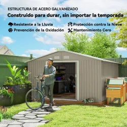 Cobertizo de Jardín 12,4 m² 340x386x200 cm con 2 Puertas Corredizas Base Refuerzo (Suelo NO Incluido) Gris Claro - Ogal.Es