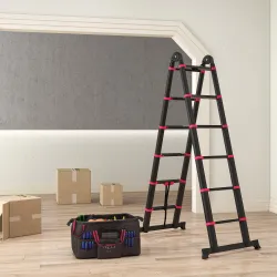 Escalera de Aluminio Plegable 2 Formas de Uso con 12 Escalones Antideslizantes Carga 150 kg 379x67,5x11 cm Negro... - Ogal.Es