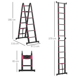 Escalera de Aluminio Plegable 2 Formas de Uso con 12 Escalones Antideslizantes Carga 150 kg 379x67,5x11 cm Negro... - Ogal.Es