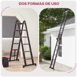 Escalera de Aluminio Plegable 2 Formas de Uso con 12 Escalones Antideslizantes Carga 150 kg 379x67,5x11 cm Negro... - Ogal.Es