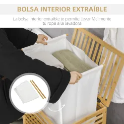 Cesta para la Colada de Bambú Capacidad de 55L Cesto para Ropa Sucia con 2 Asas y Bolsa Extraíble 50x36x60 cm Na... - Ogal.Es