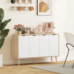 Mueble Buffet Auxiliar con Estantes Ajustables 2 Armarios y Antivuelco Carga 50 kg 120x35x77,4 cm Blanco y Natural - Ogal.Es