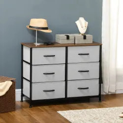 Cómoda Cajonera con 6 Cajones de Tela Plegable Marco de Acero y Almohadillas Ajustables 80x30x62,5 cm Gris y Marrón - Ogal.Es