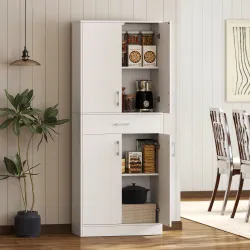 Alacena de Cocina con 4 Puertas 1 Cajón y Estantes Ajustables Antivuelco para Comedor Salón 70,8x34x180cm Blanco... - Ogal.Es