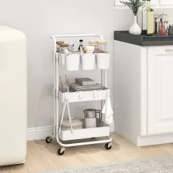 Carrito Auxiliar con Ruedas Carro de Almacenaje Multifuncional con Ganchos y Cajas Colgantes 42x38x86,5 cm Blanco - Ogal.Es