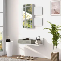Juego de Muebles de Entrada Recibidor Colgante con Espejo y Cajón 75x3,5x75 cm y 75x30,5x20 cm Blanco y Gris - Ogal.Es