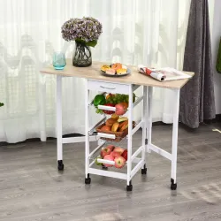 Carrito Auxiliar Plegable Carrito de Cocina con 6 Ruedas 1 Cajón y 3 Cesta de Metal 97,2x37x77,5 cm Blanco y Roble - Ogal.Es