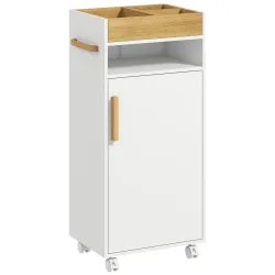 Armario&nbsp;de&nbsp;Baño Moderno con Estantes Ajustables Armario Bandeja Extraíble y Ruedas 40x30x88 cm Blanco y Roble - Ogal.Es