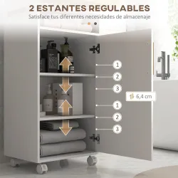 Armario&nbsp;de&nbsp;Baño Moderno con Estantes Ajustables Armario Bandeja Extraíble y Ruedas 40x30x88 cm Blanco y Roble - Ogal.Es