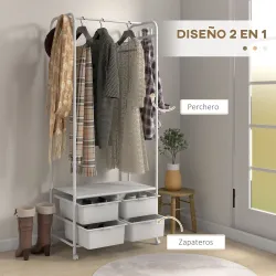 Perchero Zapatero con Ruedas para Recibidor con 8 Ganchos 4 Cestas para Zapatos y Marco de Acero 63x37x153 cm Bl... - Ogal.Es