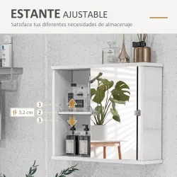 Armario con Espejo de Pared con Estante Ajustable y Puerta Corredera Doble para Lavabo 55x15x45 cm Blanco Brillante - Ogal.Es