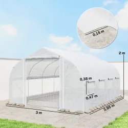 Invernadero de Túnel 4x3x2 m con Puerta de Malla y 8 Ventanas con Techo Puntiagudo Cubierta de PE Blanco - Ogal.Es