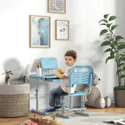 Pupitre Infantil Ajustable con 1 Cajón 1 Estante para Libros y Ángulo de Mesa Ajustable 80x49,5x82-104 cm Azul y... - Ogal.Es