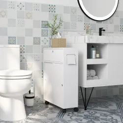 Armario de Baño Mueble Auxiliar con 4 Ruedas 2 Agujeros para Papel 2 Armarios y Estantes Ajustables 52x17x67 cm ... - Ogal.Es