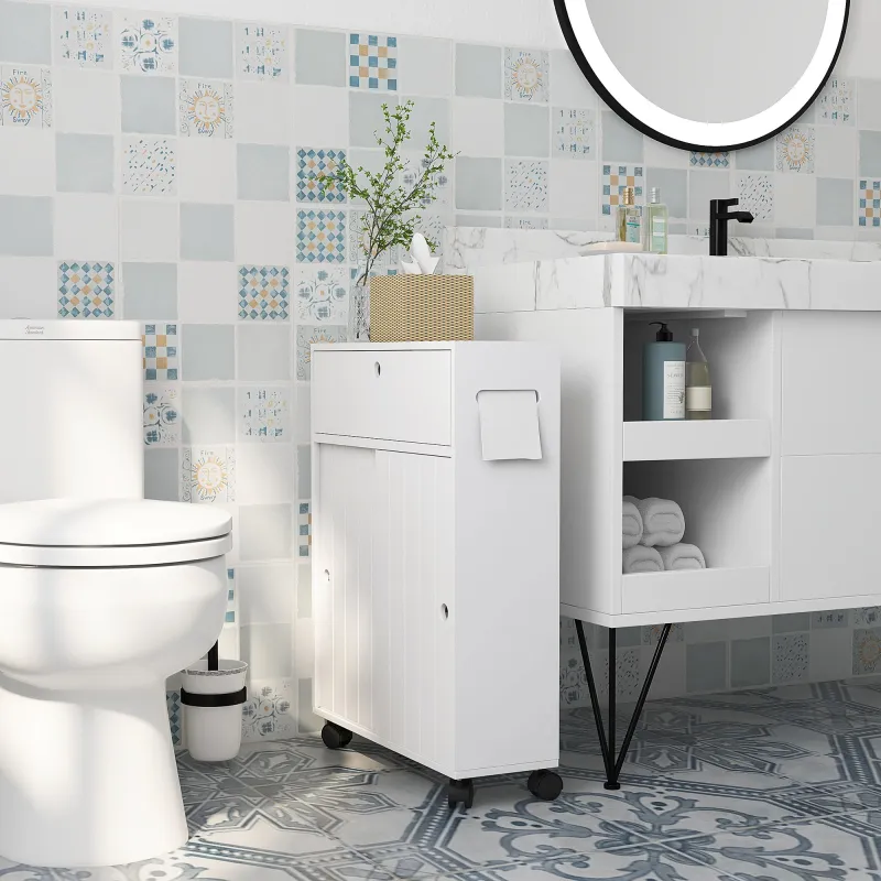 Armario de Baño Mueble Auxiliar con 4 Ruedas 2 Agujeros para Papel 2 Armarios y Estantes Ajustables 52x17x67 cm ... - Ogal.Es