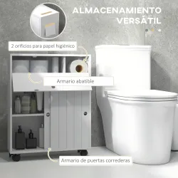 Armario de Baño Mueble Auxiliar con 4 Ruedas 2 Agujeros para Papel 2 Armarios y Estantes Ajustables 52x17x67 cm ... - Ogal.Es