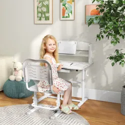 Pupitre Infantil Altura Ajustable con 1 Cajón 1 Estante y Ángulo de Mesa Ajustable 80x54,5x82-104 cm Gris y Blanco - Ogal.Es