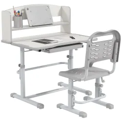 Pupitre Infantil Altura Ajustable con 1 Cajón 1 Estante y Ángulo de Mesa Ajustable 80x54,5x82-104 cm Gris y Blanco - Ogal.Es