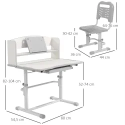 Pupitre Infantil Altura Ajustable con 1 Cajón 1 Estante y Ángulo de Mesa Ajustable 80x54,5x82-104 cm Gris y Blanco - Ogal.Es