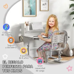 Pupitre Infantil Altura Ajustable con 1 Cajón 1 Estante y Ángulo de Mesa Ajustable 80x54,5x82-104 cm Gris y Blanco - Ogal.Es