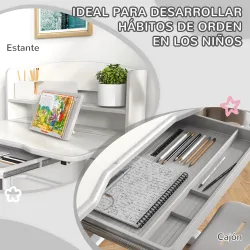 Pupitre Infantil Altura Ajustable con 1 Cajón 1 Estante y Ángulo de Mesa Ajustable 80x54,5x82-104 cm Gris y Blanco - Ogal.Es