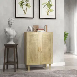 Aparador de Salón de Estilo Bohemio con Puertas de Rejilla y Estantes Ajustables 73x41x102 cm Natural - Ogal.Es