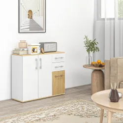 Aparador de Cocina con 2 Cajones 2 Armarios y Estantes Ajustables para Comedor 90x30x75,5 cm Blanco y Natural - Ogal.Es