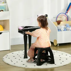 Juego de Piano Infantil de 32 Teclas con Micrófono Taburete Luces 22 Canciones y 4 Sonidos 37x30,5x60,4 cm Negro - Ogal.Es