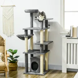 Torre para Gatos Grande de 144 cm con Postes para Rascar Cama Cueva Plataformas y Bolas Colgantes 49x49x144 cm Gris - Ogal.Es